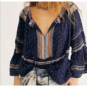 Free People Talia Embroidered Top Bell Sleeves Tie Front Navy Blue Women's Small